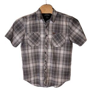 Orvis Button Up Shirt Men's Size Medium Gray White Short Sleeve Moisture Wicking